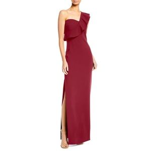 Likely Burgundy one shoulder gown